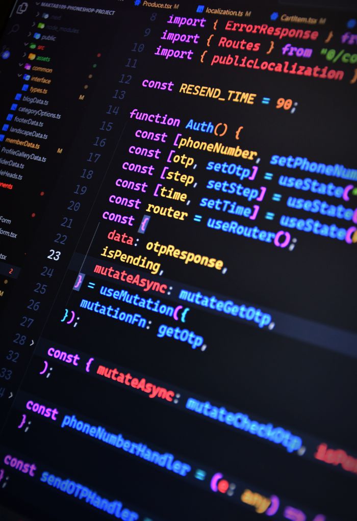 home-img Vibrant JavaScript code on a screen showcasing front-end development with syntax highlighting.